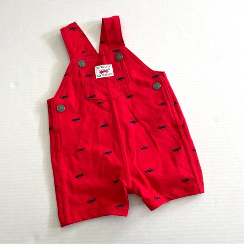 Carters Infant Boys Bib Cotton Shorts Overalls Red W/Black Cars‎ Sz 6M NWOT
